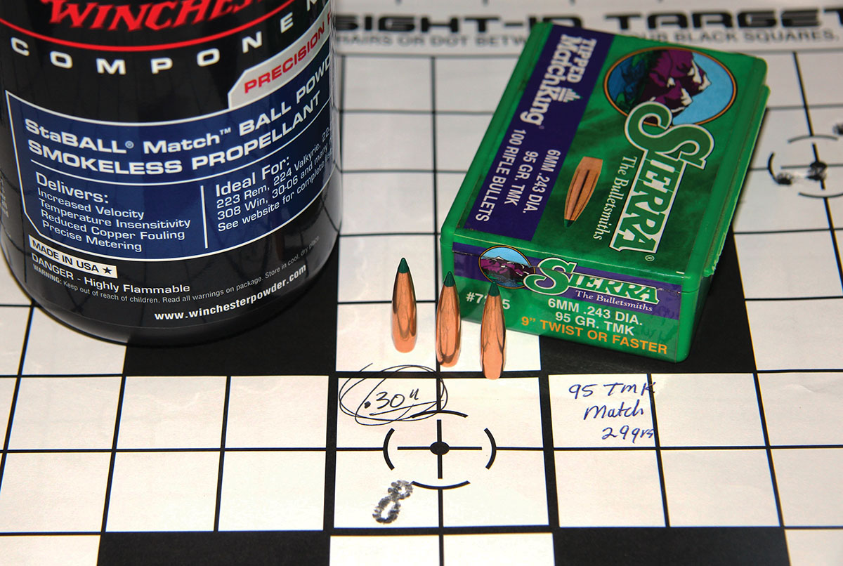 From the H-S Precision Carbon Fiber Mini Action Sierra’s 95-grain Tipped MatchKing produced the tightest group of the entire test – .30 inch at 2,640 fps using 29 grains of Winchester StaBALL Match.